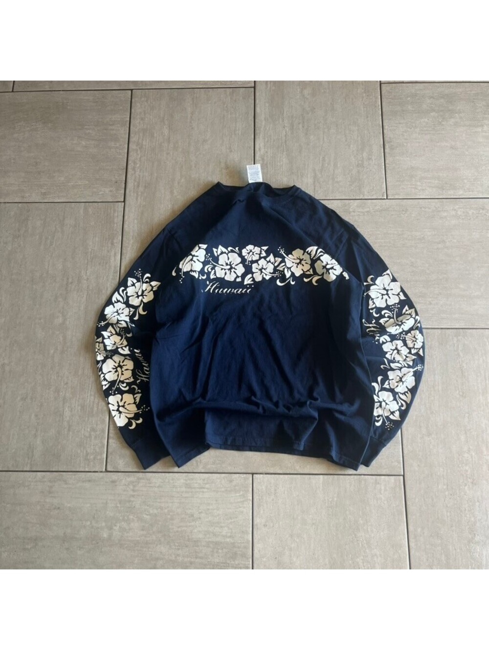 Jerzees Navy Blue Hawaii Floral Long Sleeve T-Shirt Medium